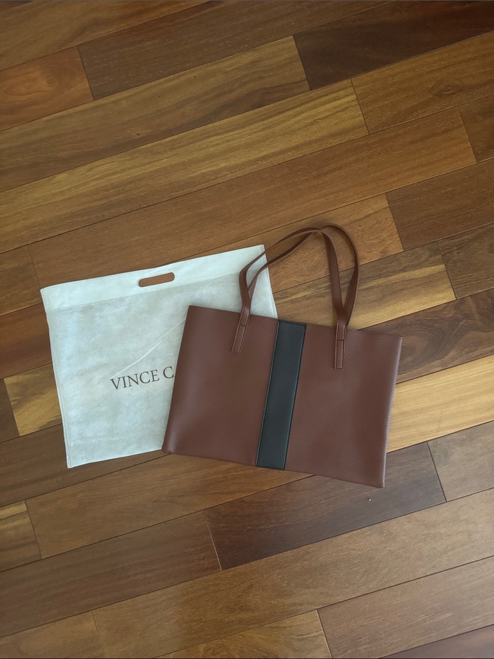 Vince Camuto Brown Leather Tote with Black Center Panel
